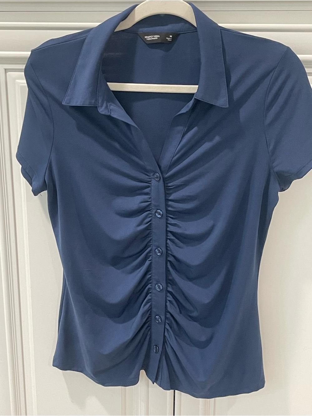 Simply Vera Vera Wang Navy Short-Sleeve Ruched Button-Front Shirt size M
